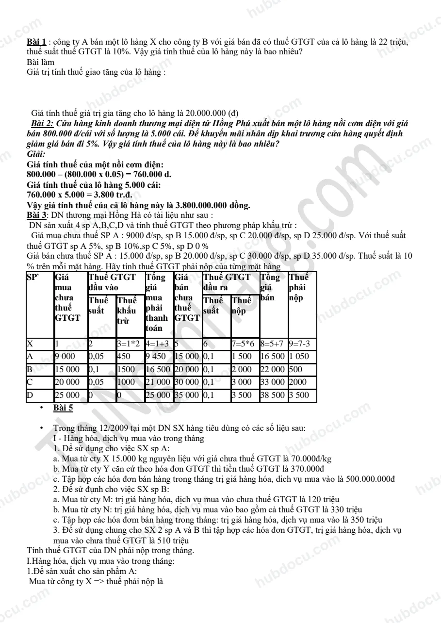 Bài tập kế toán thuế (kèm lời giải)