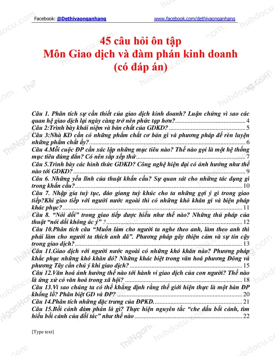 45 câu hỏi ôn tập Môn giao dịch và đàm phán kinh doanh (có đáp án)