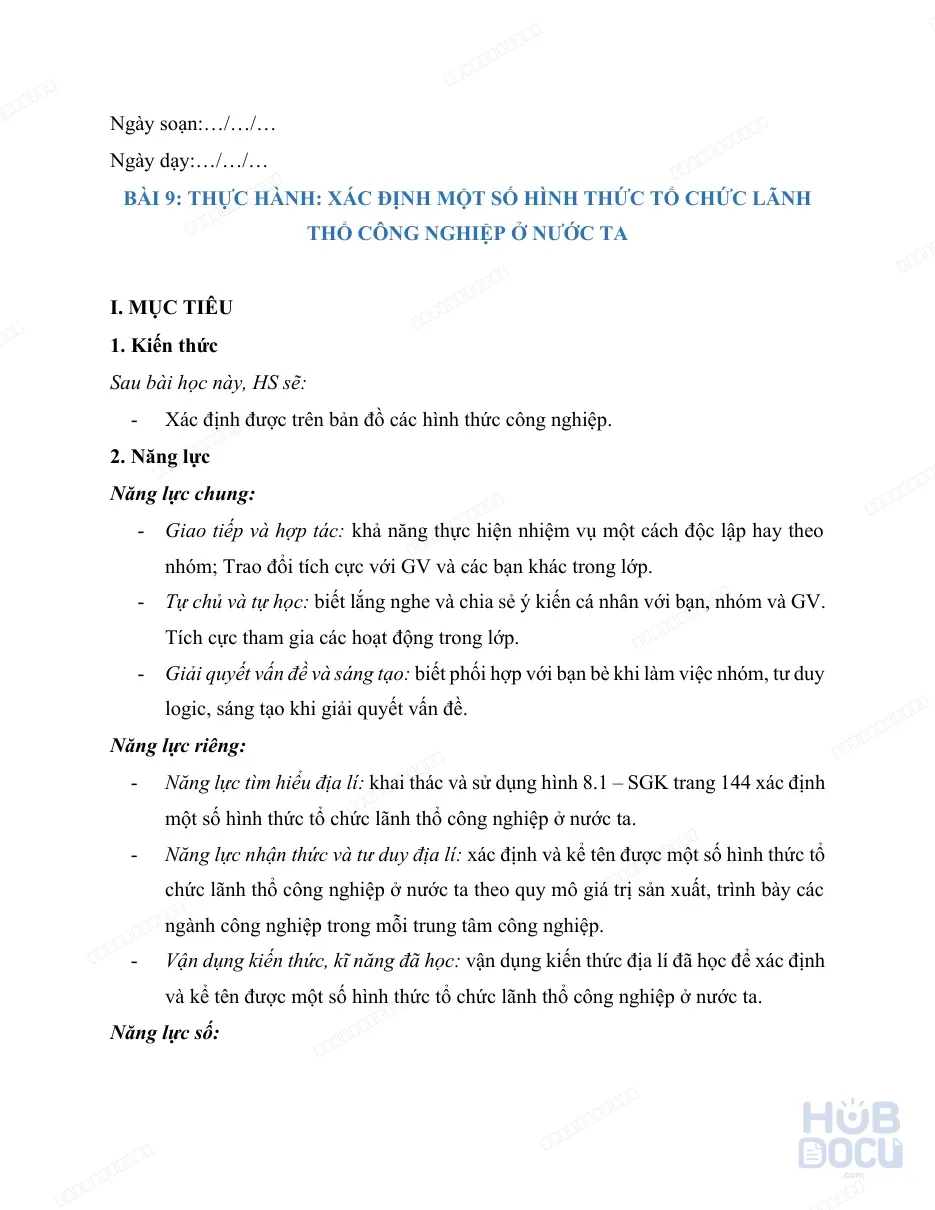 Giáo án Năng lực số (Địa lý 9) - Bài 9.Thực hành Xác định một số hình thức tổ chức lãnh thổ công nghiệp nước ta