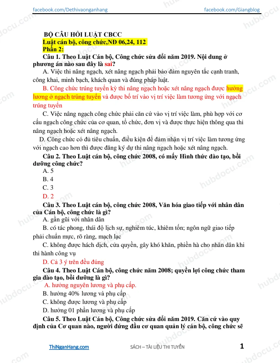 Bộ câu hỏi luật Cán bộ công chức - NĐ 06,24,112