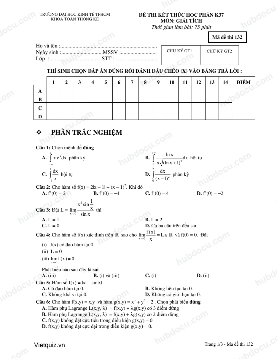 Đề thi kết thúc học phần môn Giải tích - ĐH Kinh tế TP.HCM