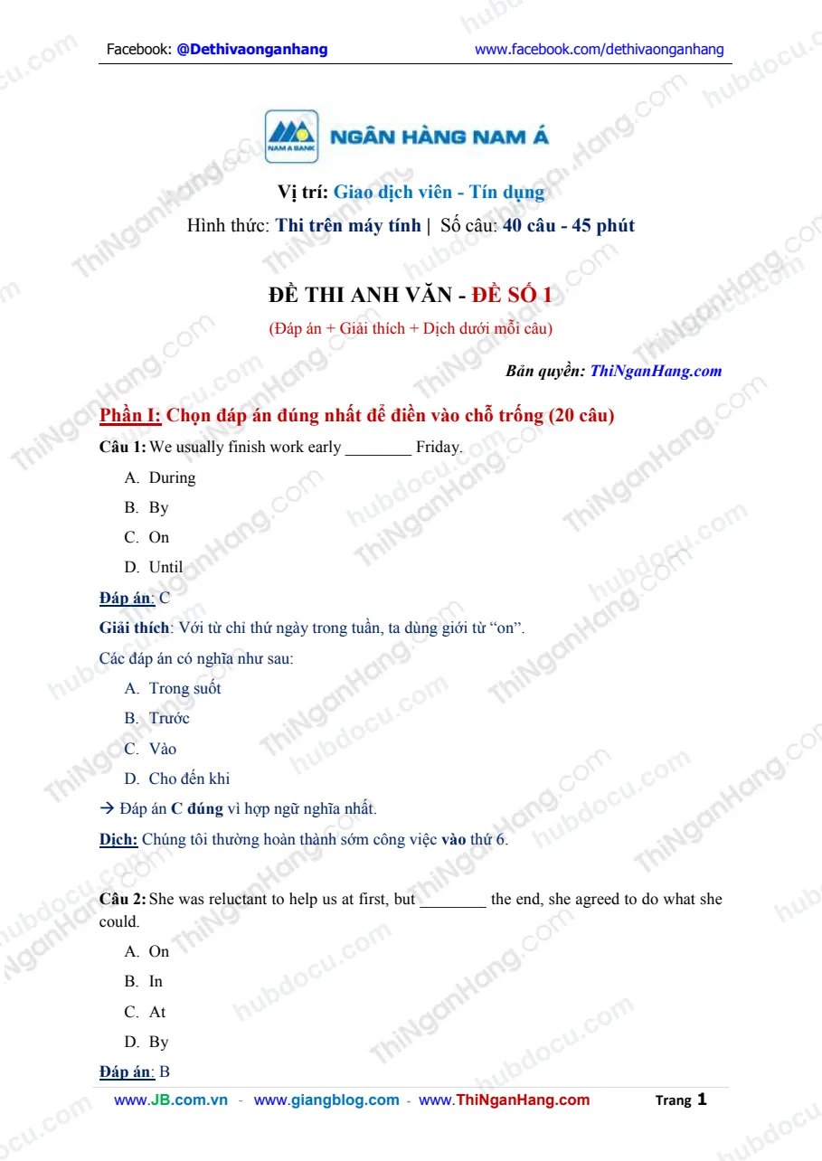 Giải đề thi Anh Văn Nam Á Bank (NamABank) - Đề 1 - Full 40 câu