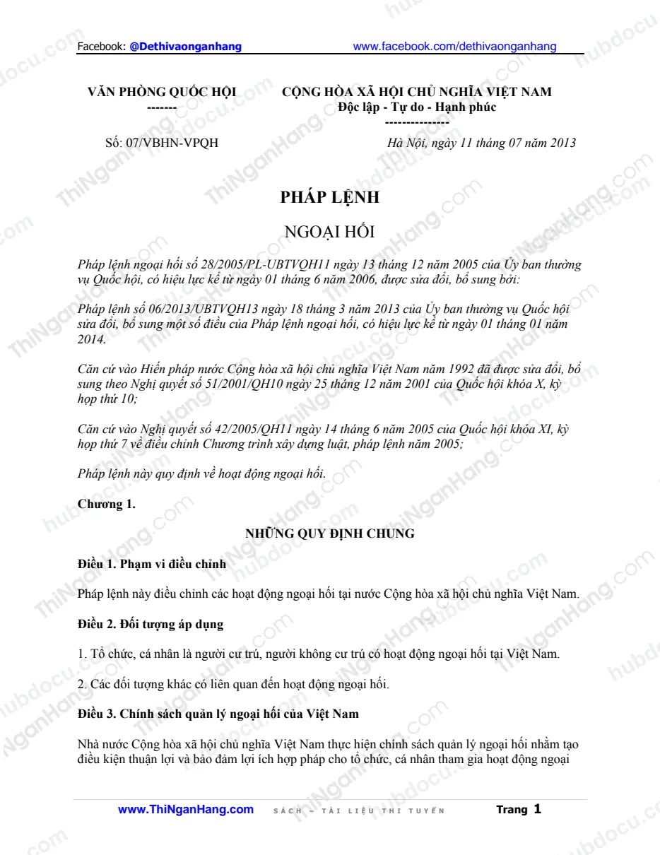 Pháp lệnh ngoại hối - Luật 07-VBHN-VBQH ngày 11-7-2013