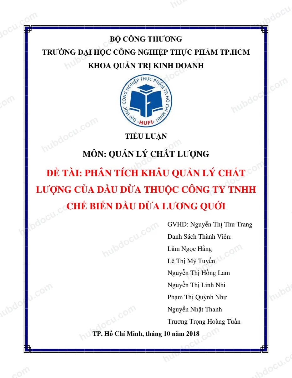 Quản lý chất lượng dầu dừa của Công ty chế biến dầu dừa Lương Quới