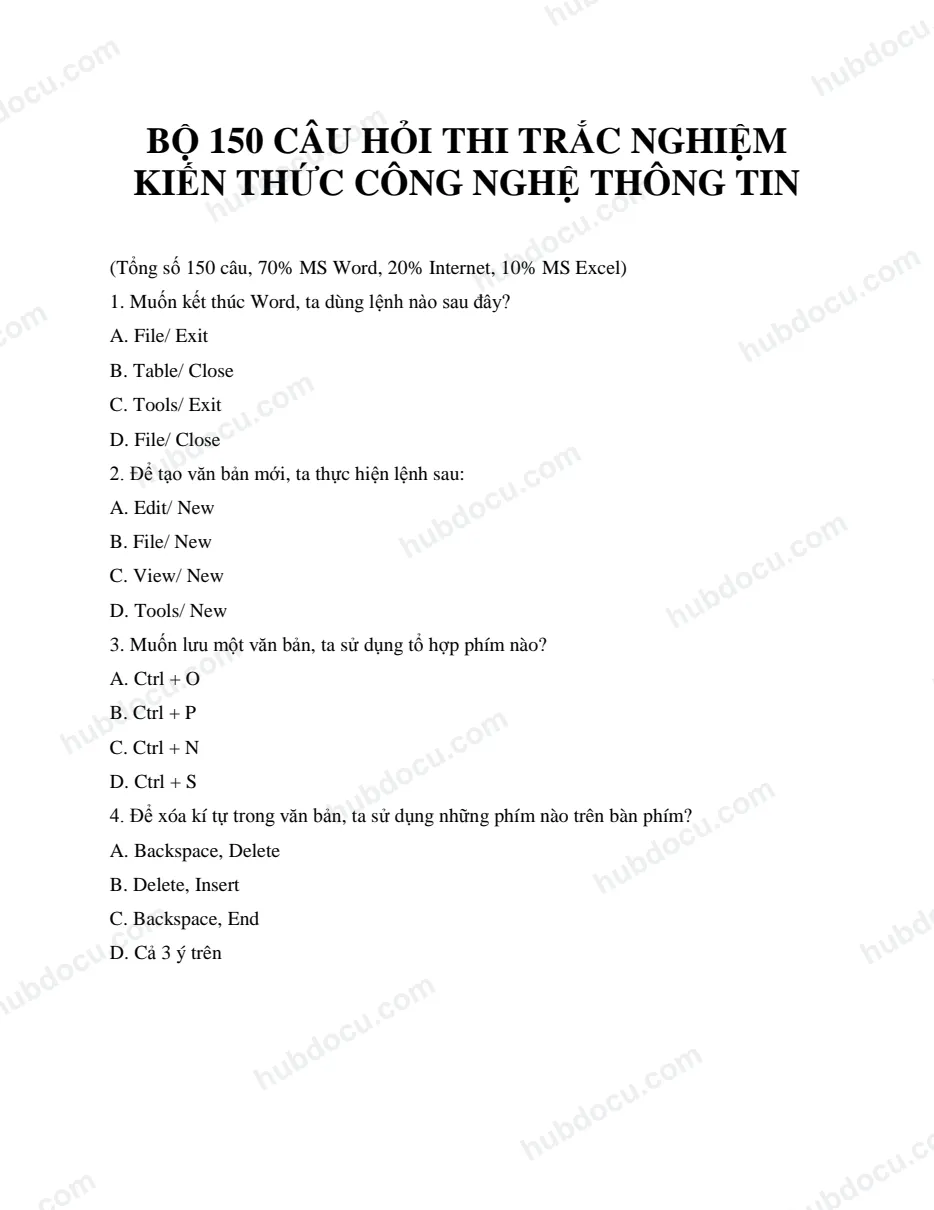 Bộ 150 câu hỏi trắc nghiệm kiến thức Công nghệ thông tin