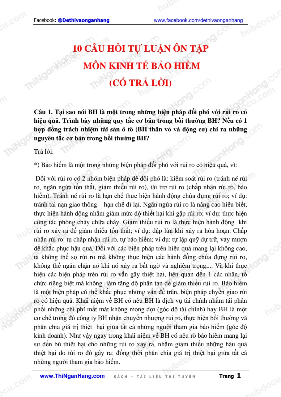 10 câu hỏi tự luận môn Kinh tế bảo hiểm (có Trả lời)