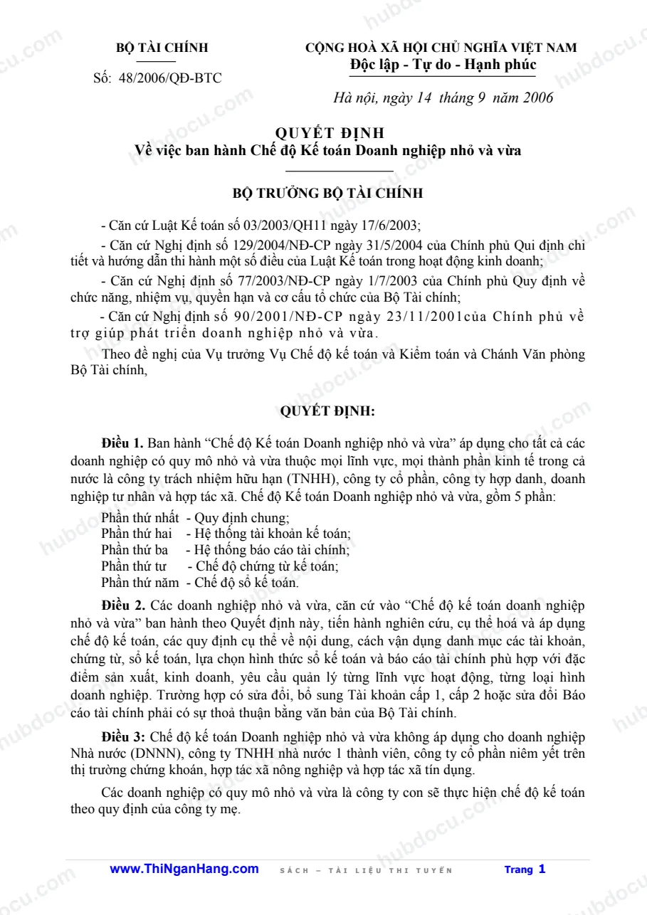 Quyết định 48-2006 BTC - Chế độ kế toán của Doanh nghiệp vừa và nhỏ