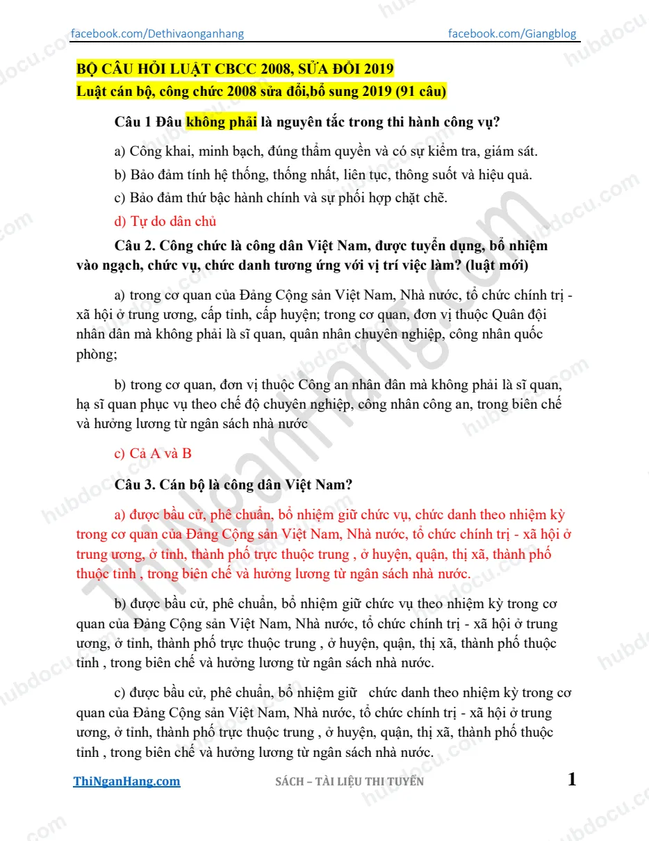 Bộ câu hỏi Luật CBCC 2008, sửa đổi 2019 (có đáp án)