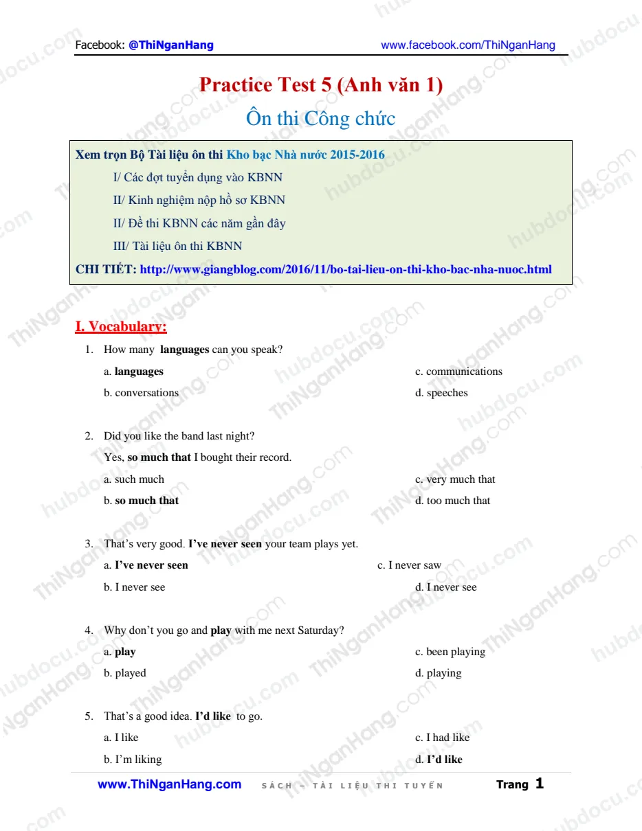 Đáp án Anh văn - Practice Test - Ôn thi Công chức