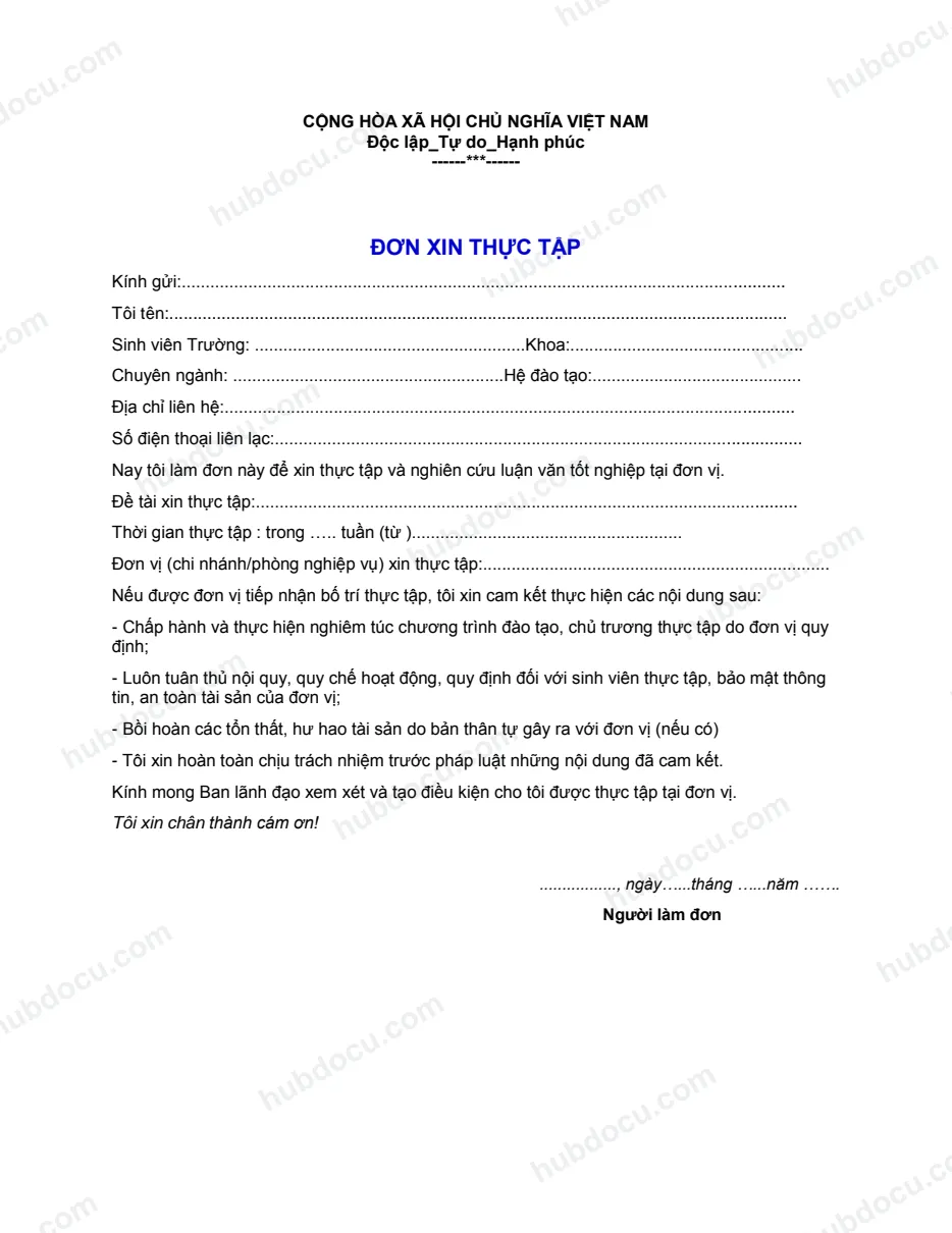 Mẫu đơn xin thực tập tại công ty-tổ chức