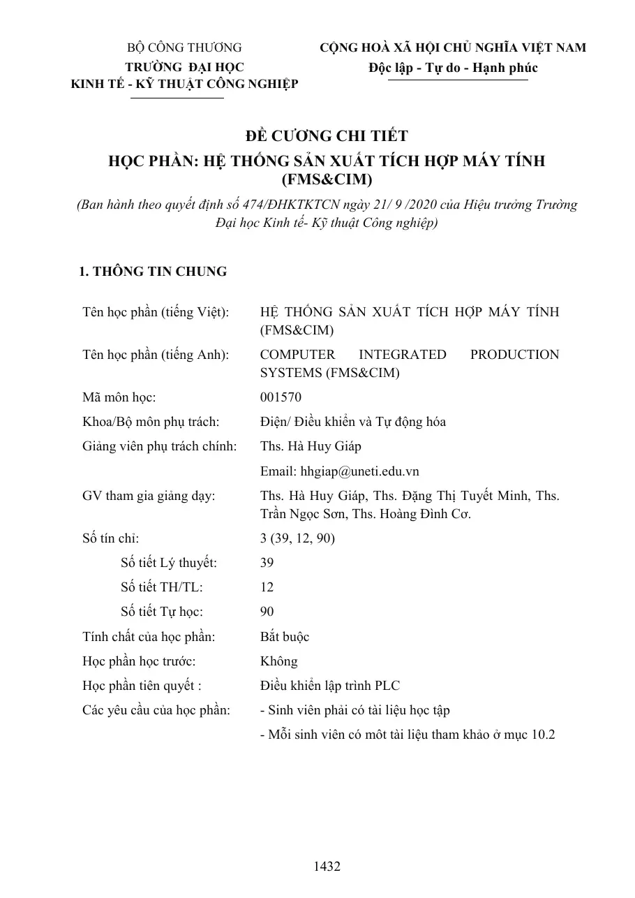 Hệ thống sản xuất tích hợp máy tính (FMS&CIM) - Hà Huy Giáp