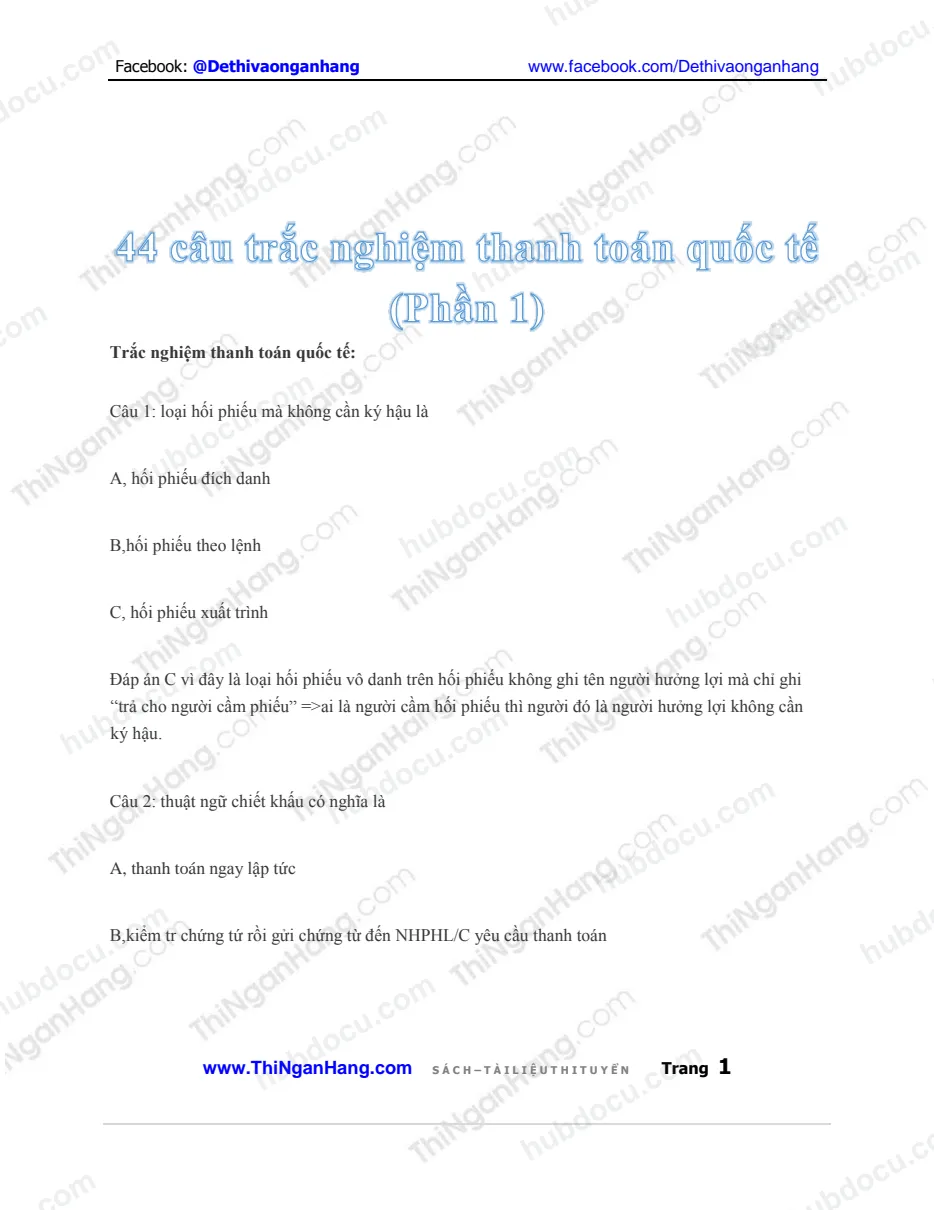 44 câu trắc nghiệm Thanh toán quốc tế (P1)