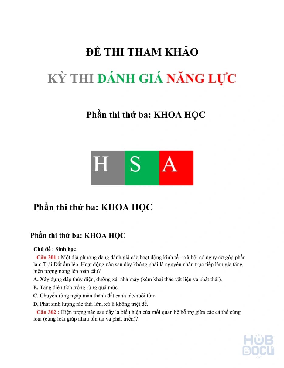 Đánh giá năng lực (HSA) Đề 10.Sinh học (HS)