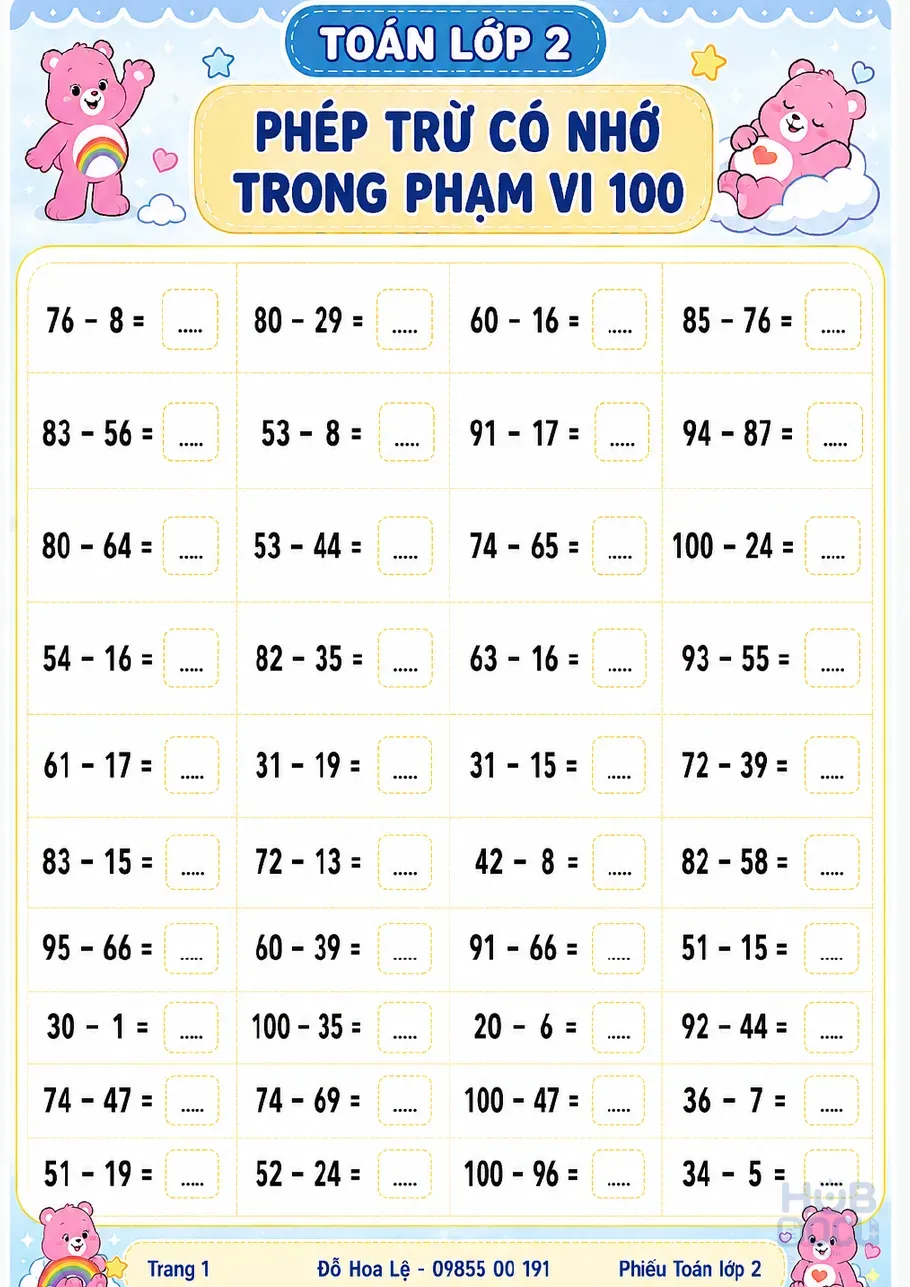 Phép trừ có nhớ trong phạm vi 100 (Toán lớp 2)