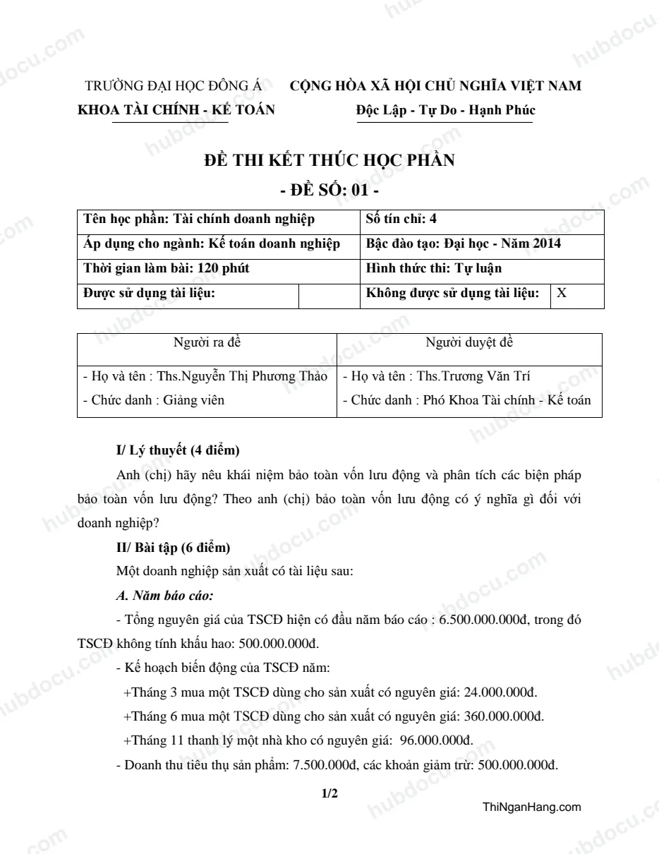 Đề thi môn Tài chính doanh nghiệp - Khoa Tài chính Kế Toán (ĐH Đông Á)