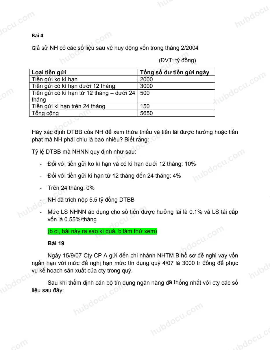 Bài tập nghiệp vụ ngân hàng