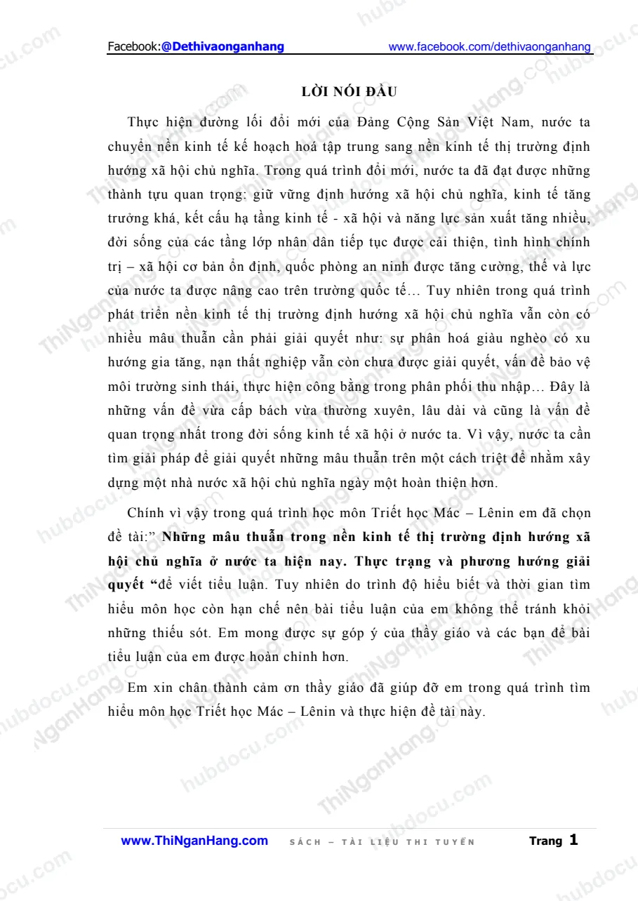 Tiểu luận - Mâu thuẫn trong nền kinh tế thị trường định hướng Xã hội Chủ nghĩa ở nước ta. Thực trạng và hướng giải quyết