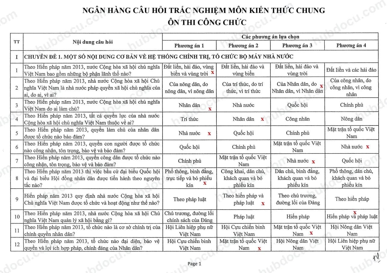 539 câu hỏi trắc nghiệm và đáp án môn Kiến thức chung - ôn thi công chức, viên chức