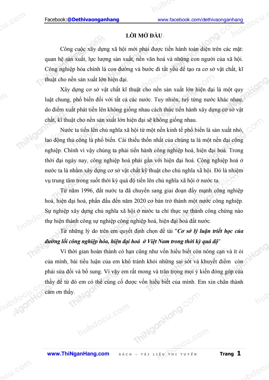 Tiểu luận - Cơ sở lý luận triết học của đường lối Công nghiệp hóa, Hiện đại hoá ở Việt Nam trong thời kỳ quá độ