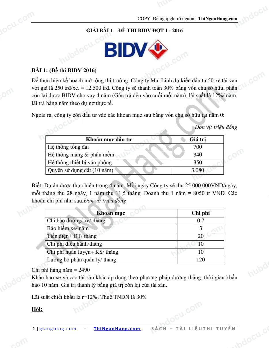 Giải Bài 1 - Thi BIDV Đợt 1-2016 - Taxi MaiLinh (Có file Excel giải chi tiết)