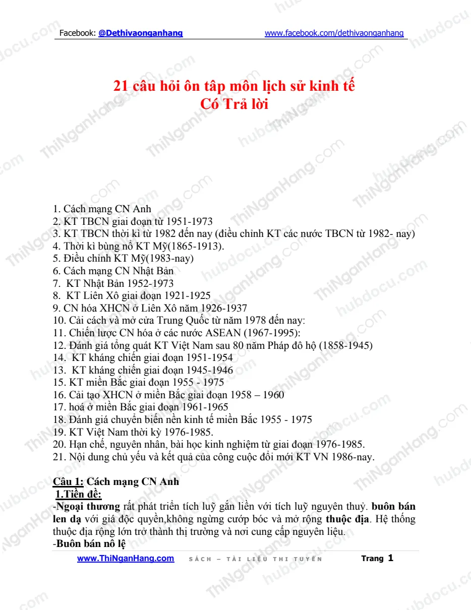 21 câu hỏi ôn tập Lịch sử kinh tế (có trả lời)