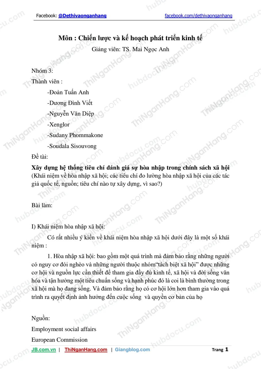 BT nhóm môn Chiến lược và kH PTKTXH - Xây dựng hệ thống tiêu chí đánh giá sự hòa nhập trong CSXH