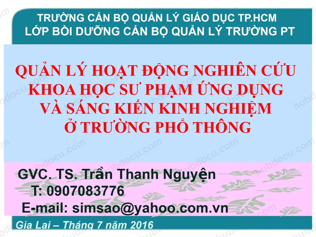 Quản Lý Hoạt Động Nghiên Cứu Khoa Học Sư Phạm Ứng Dụng Và Sáng Kiến Kinh Nghiệm Ở Trường Phổ Thông
