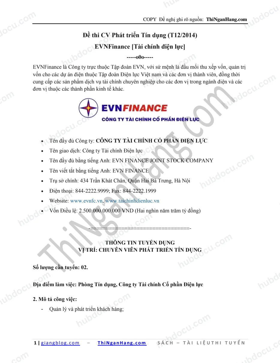 Đề thi CV Phát triển Tín dụng - EVNFC (T12-2014) (Có Đáp án)
