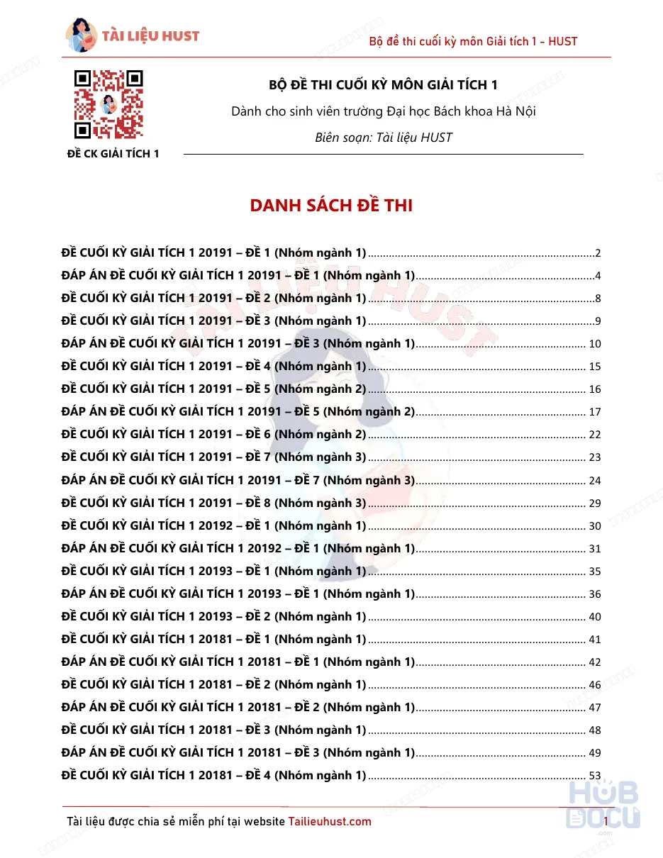 Bộ đề Giải tích 1 và Đáp án (HUST)