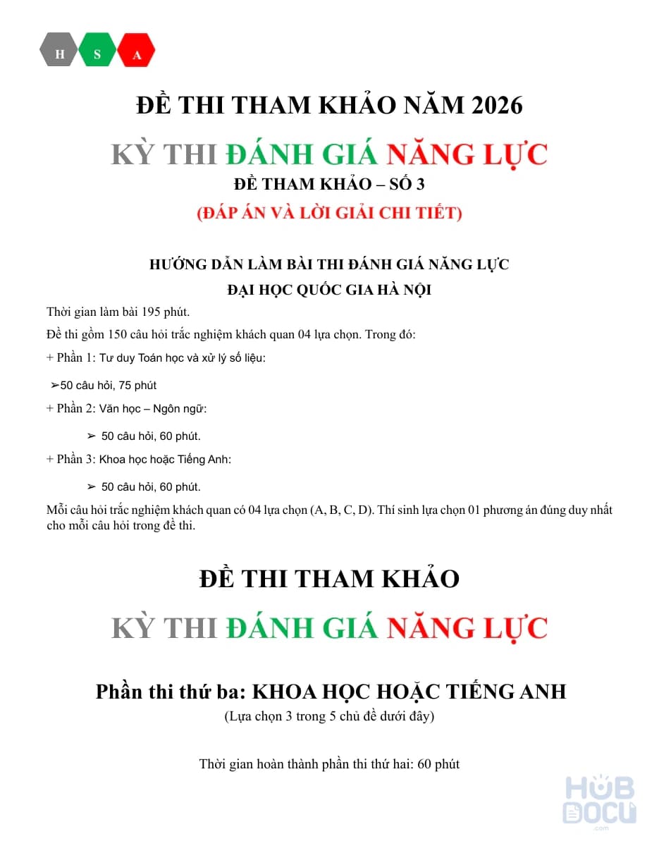 Đề thi Đánh giá năng lực (HSA) Đề 3 - Phần khoa học - Môn lịch sử (HS)