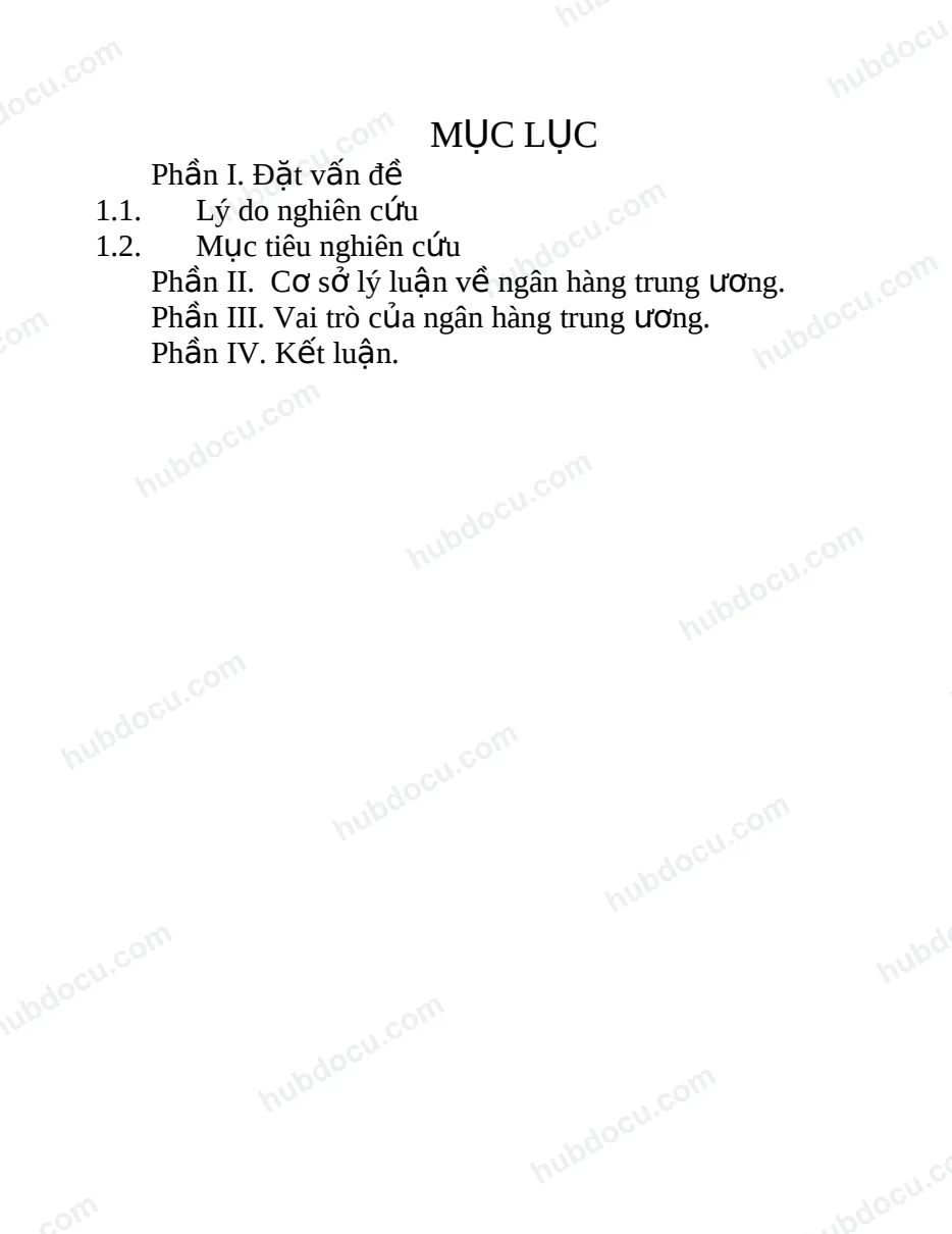 Tiều luận về Vai trò của Ngân hàng Trung ương
