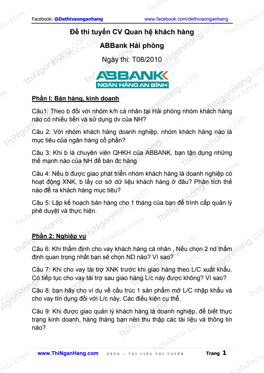 Đề thi CV QHKH ABBank CN Hải phòng (T8-2010)
