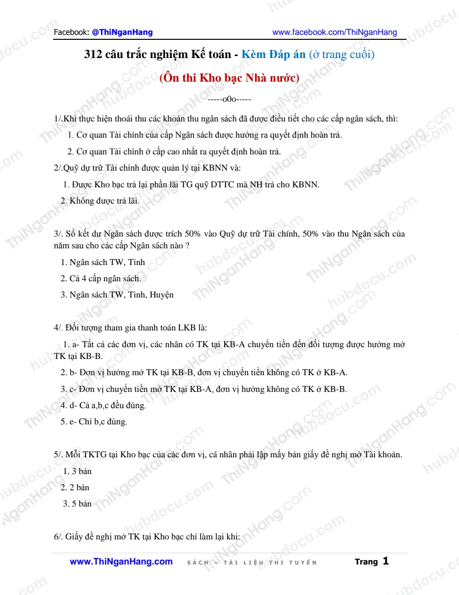 312 câu trắc nghiệm Kế toán - Ôn thi Kho bạc Nhà nước (Đáp án ở Trang cuối)