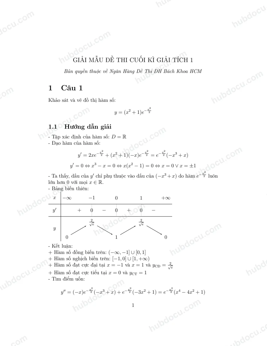 Giải đề thi cuối kỳ Giải tích 1