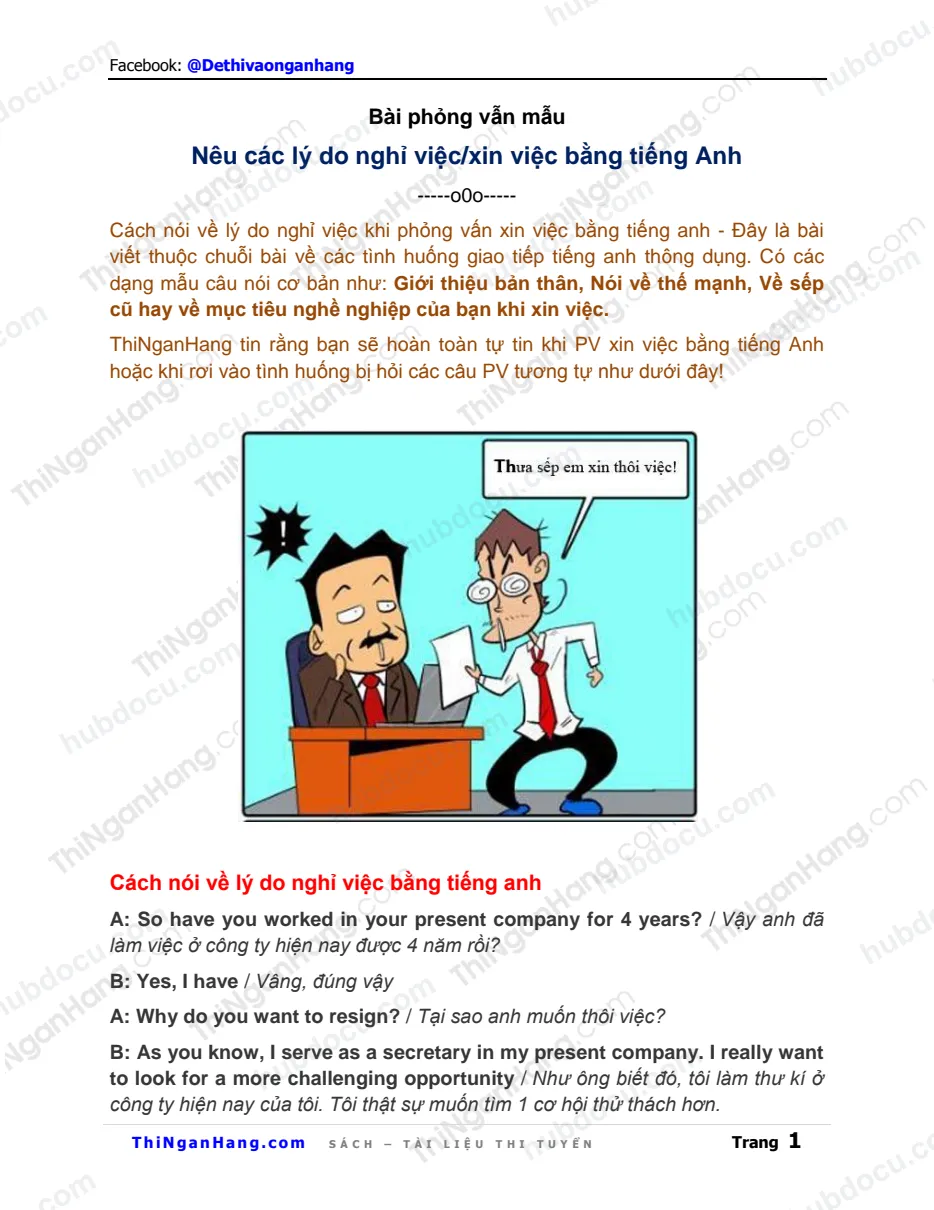 Bài phỏng vấn tiếng Anh mẫu - Nêu lý do nghỉ việc (song ngữ Anh Việt)