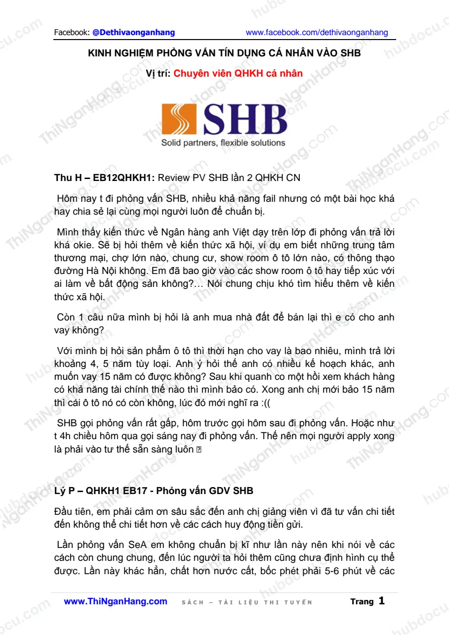 Kinh nghiệm phỏng vấn Tín dụng cá nhân và Giao dịch viên SHB