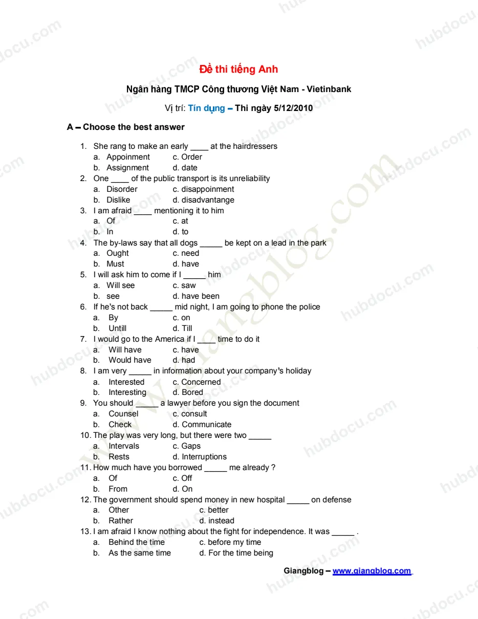 Đề thi tiếng Anh - Vietinbank vị trín Tín dụng (5-12-2010)