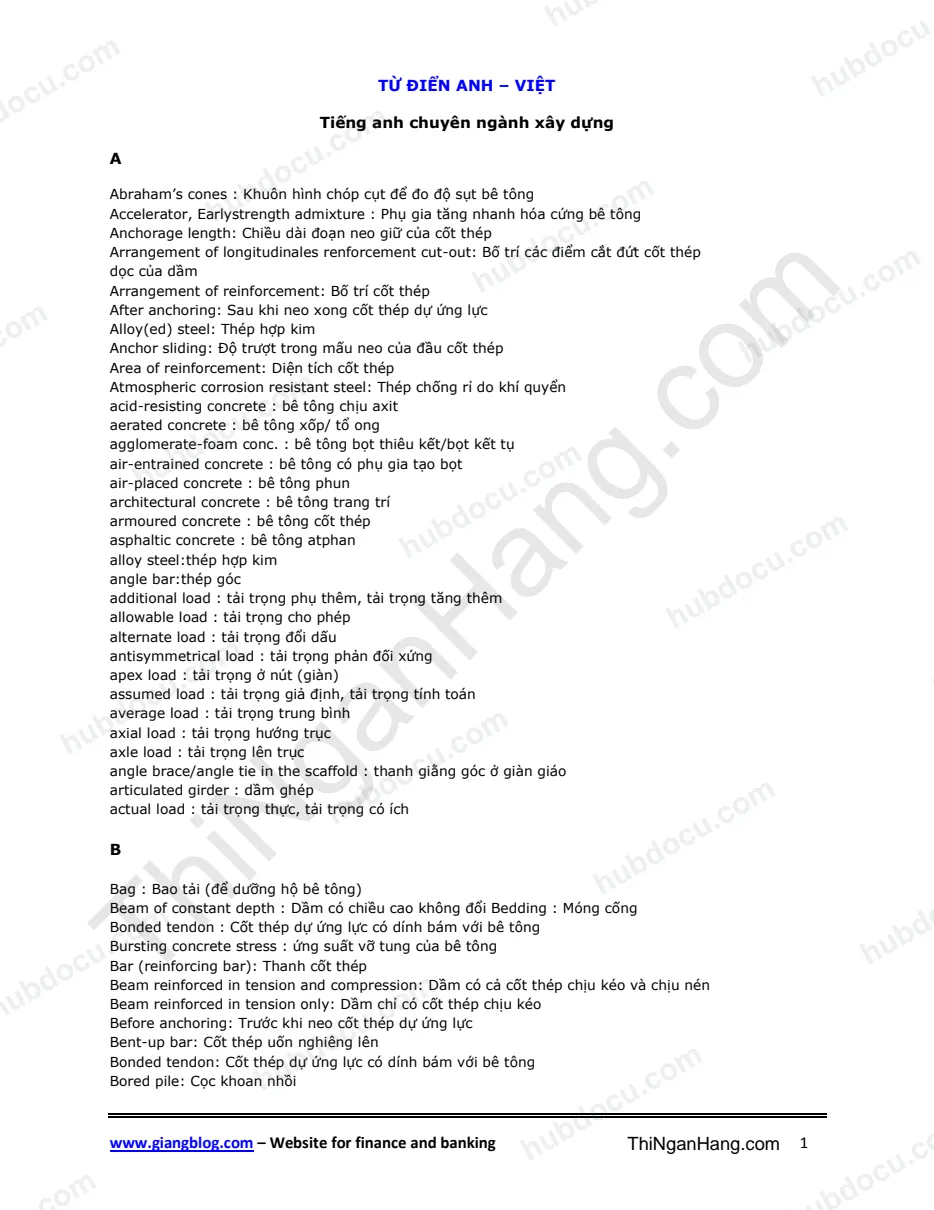 Từ điển tiếng Anh Xây dựng (Anh - Việt)