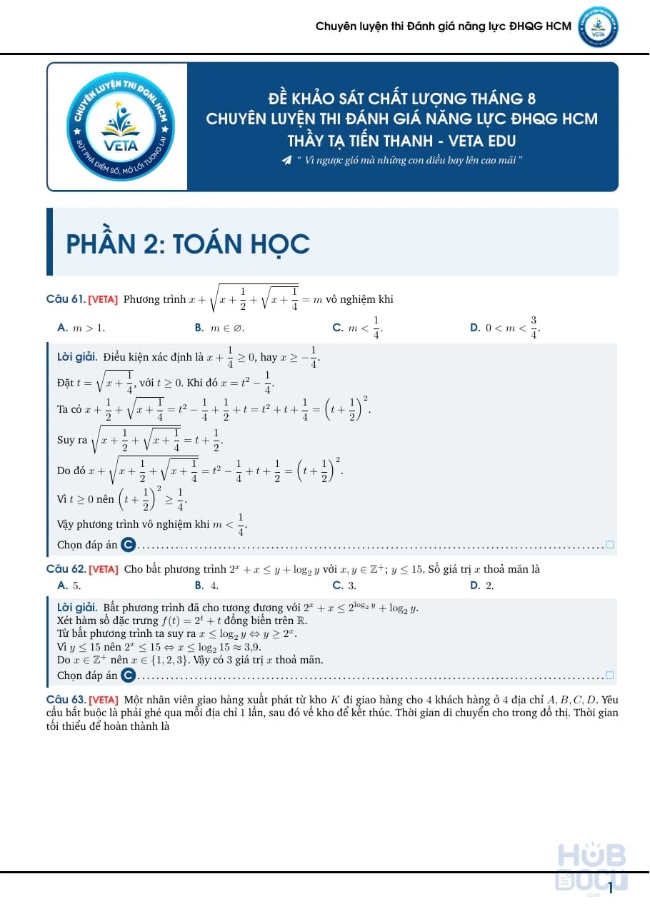 Đề khảo sát tháng 8 VACT - File đáp án chi tiết