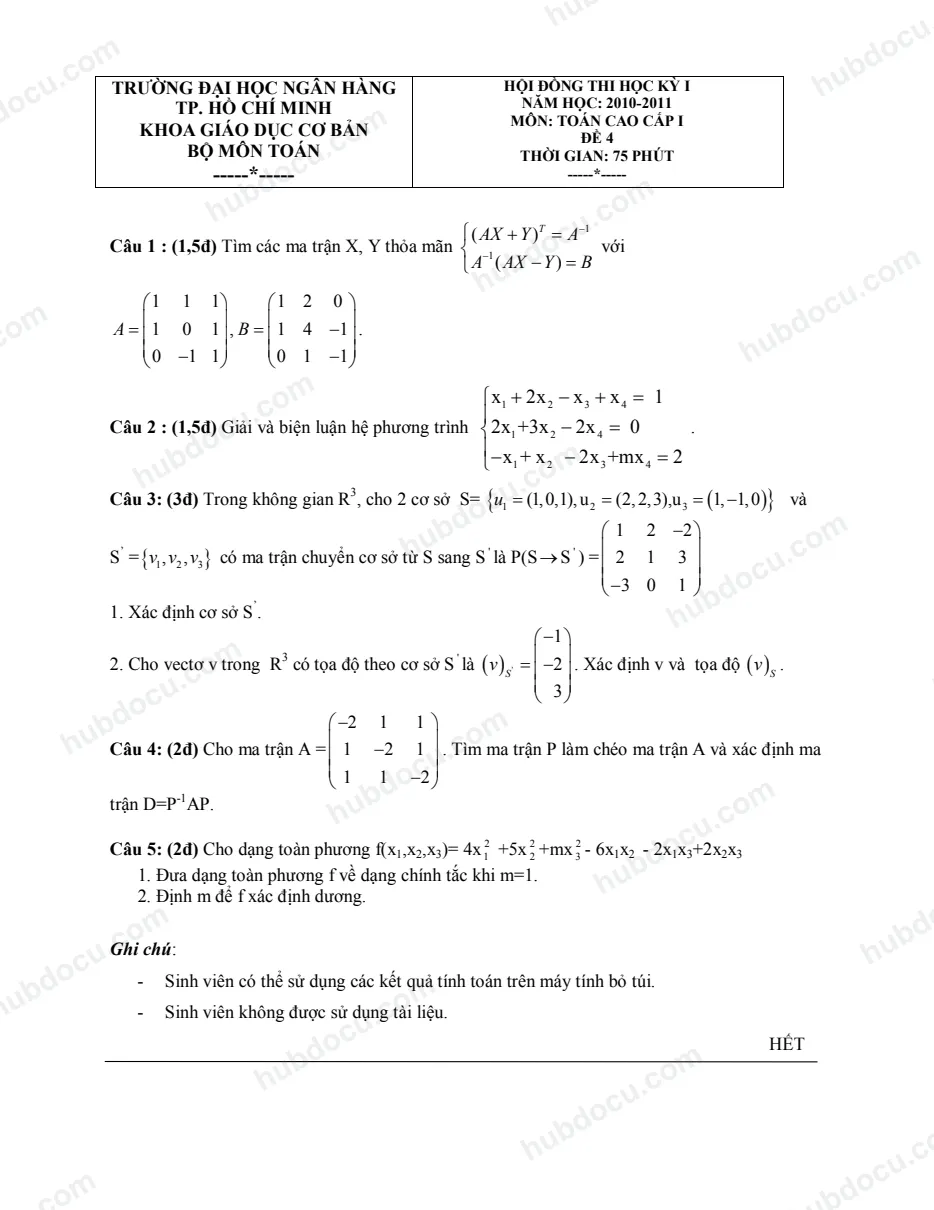 Đề thi Toán cao cấp 1 - ĐH Ngân hàng TP.HCM