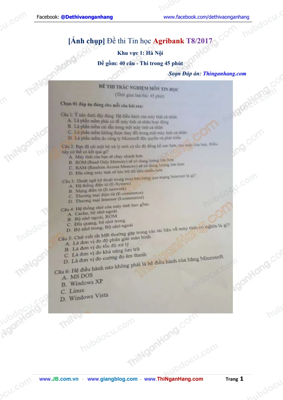 Full Đề thi Tin học Agribank T8-2017 (kèm Đáp án)