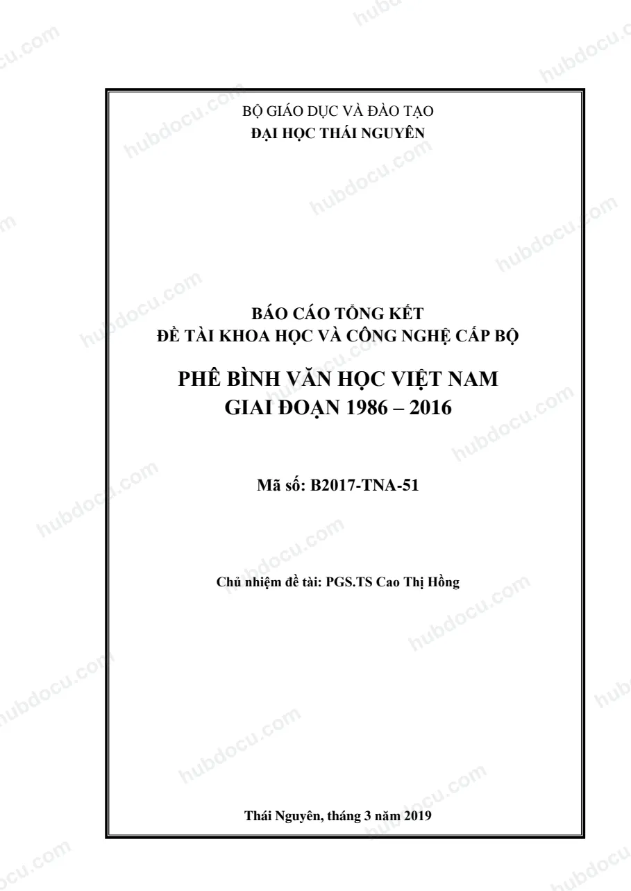 Đề tài khoa học phê bình văn học Việt Nam giai đoạn 1986 – 2016