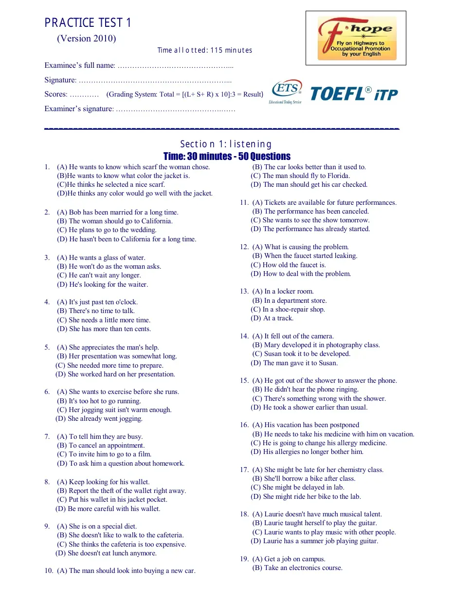 TOEFL iTP Practice test 1 (Test 1)