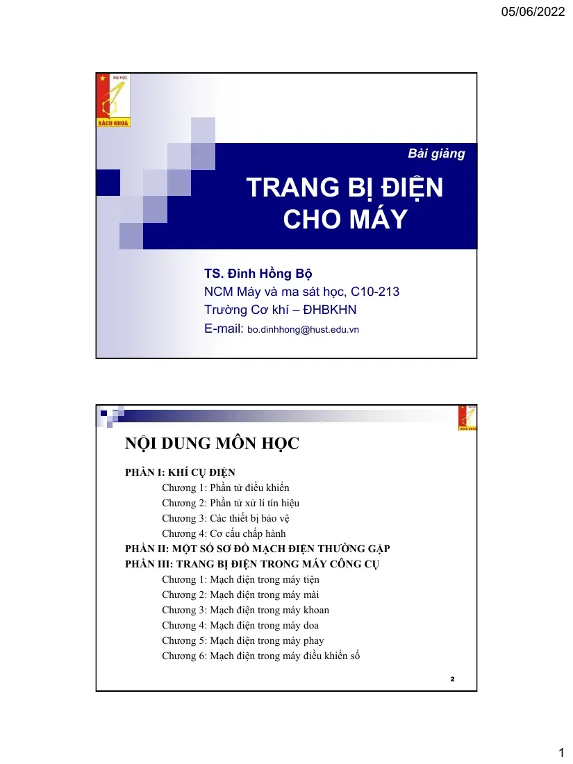 Trang bị điện cho máy (Phần II: Một số sơ đồ mạch điện thường gặp) - TS.Đinh Hồng Bộ