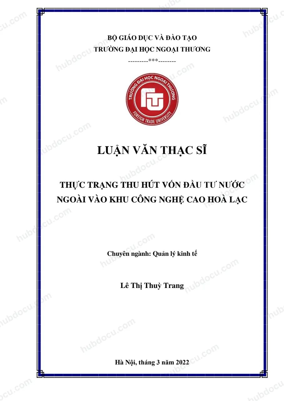 [Luận văn thạc sĩ[ Thực trạng thu hút vốn đầu tư nước ngoài vào khu công nghệ cao Hoà Lạc