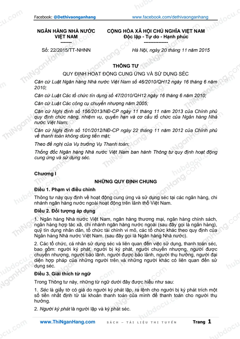 Thông tư 22-2015-TT-NHNN. Hoạt động cung ứng và sử dụng Séc (20-11-2015)