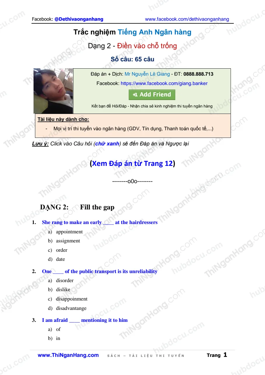 65 câu trắc nghiệm Tiếng Anh ngân hàng - Dạng 2. Điền vào chỗ trống