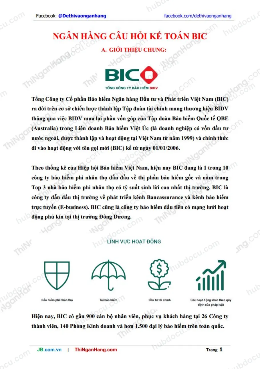 Bộ câu hỏi đề thi nghiệp vụ Kế toán bảo hiểm BIC