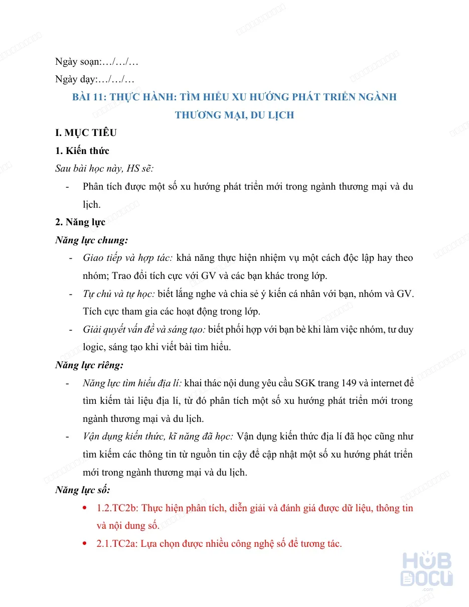 Giáo án Năng lực số (Địa lý 9) - Bài 11.Thực hành Tìm hiểu xu hướng phát triển ngành thương mại, du lịch