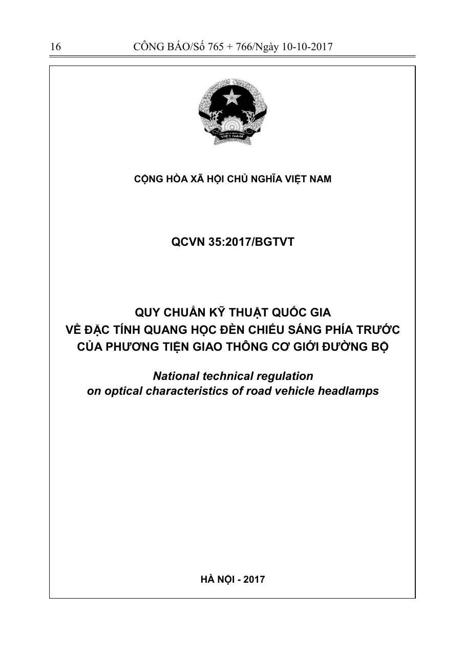 Quy chuẩn kỹ thuật quốc gia về đặc tính quang học đèn chiếu sáng phía - Cục Đăng kiểm Việt Nam